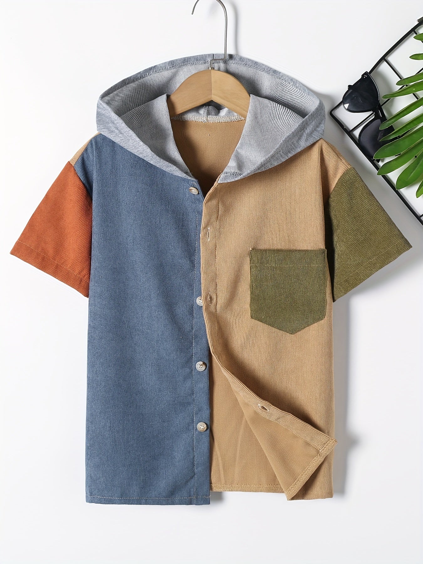 Boys Short Sleeves Hooded Shirt Preppy Style For Summer Kids Clothes