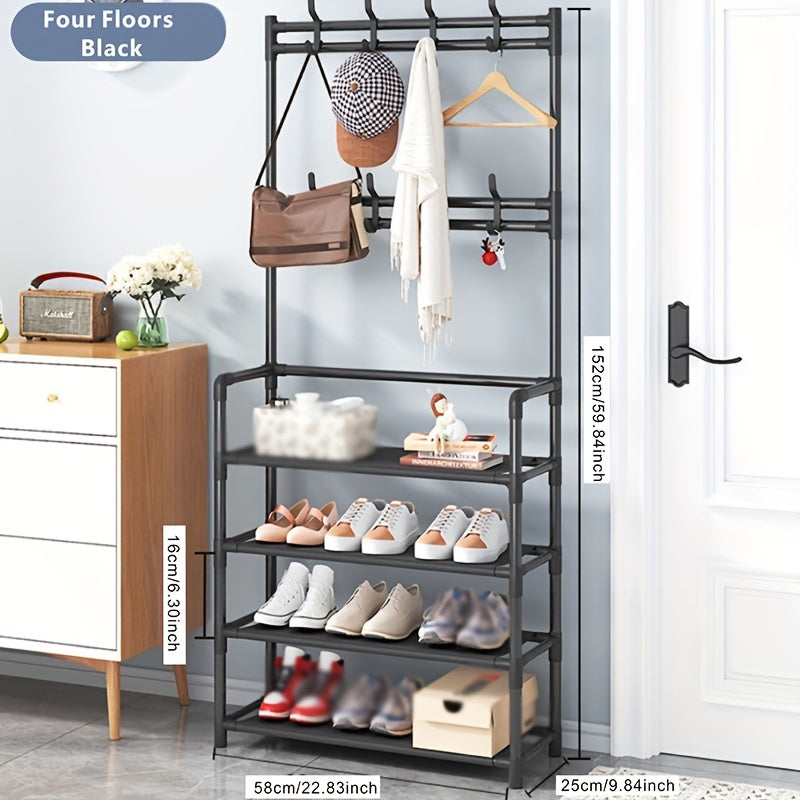 Entryway Coat Rack Shoe Storage Organizer 8 Hooks 4 Shelves Living Room