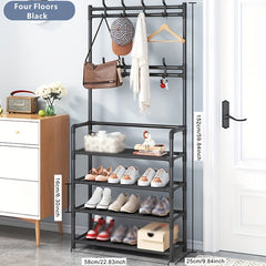 Entryway Coat Rack Shoe Storage Organizer 8 Hooks 4 Shelves Living Room