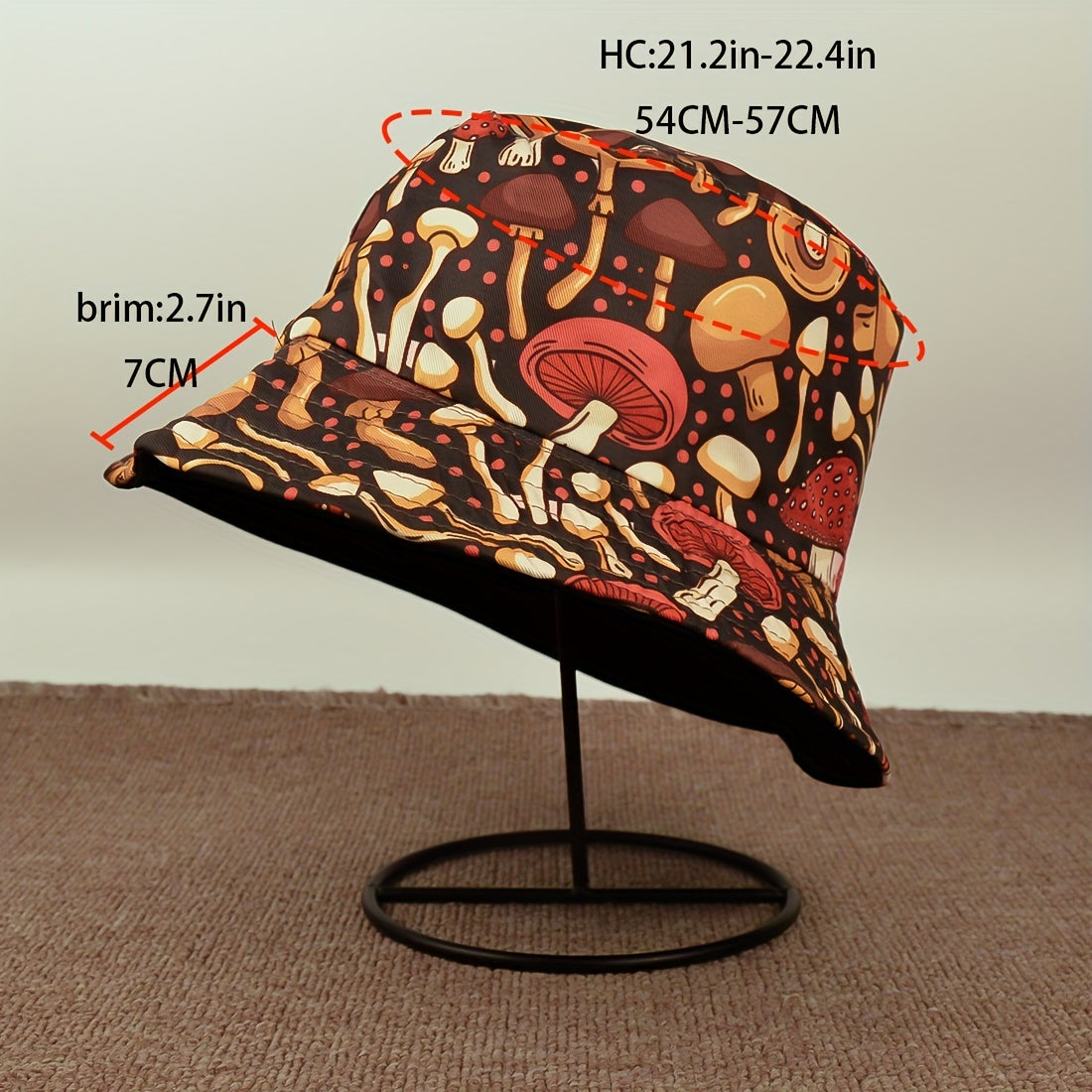 Foldable Sunshade Bucket Hat Mushroom Print Double Sided Sun Hat