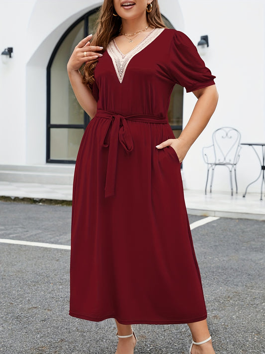  Contrast Lace Short Sleeve V Neck Belted Dress