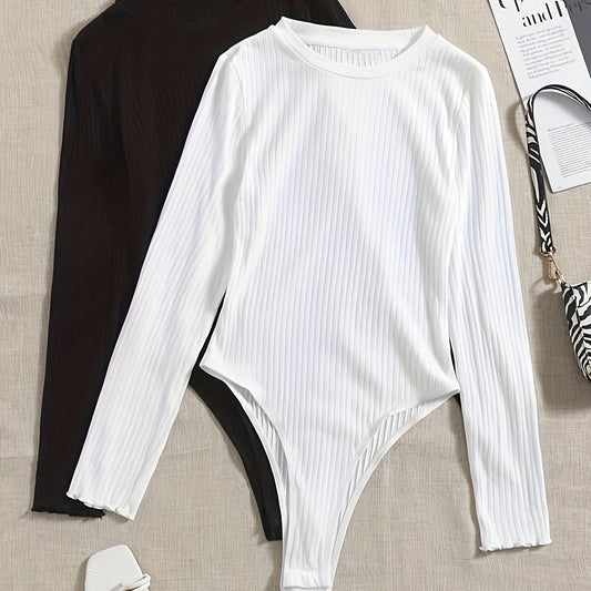  Solid Ribbed Long Sleeve Round Neck Bodysuit