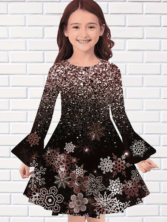 Girls Snowflake Graphic Sequin Print Flare Sleeve Dress Comfy Dresses