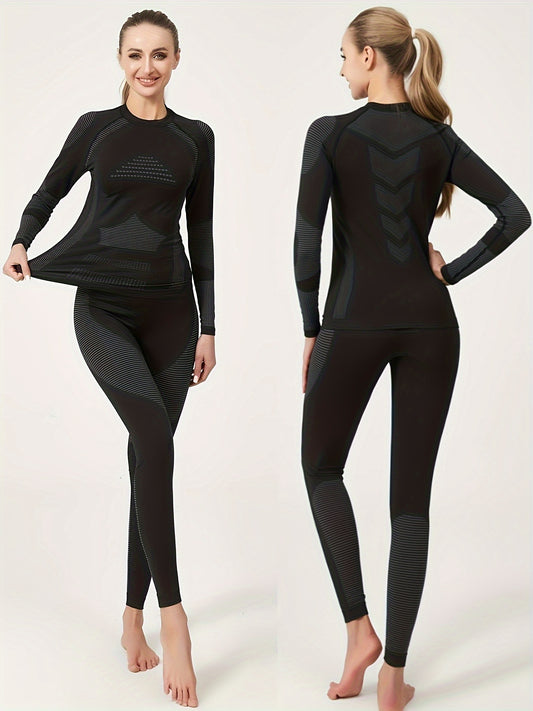 2Pcs Thermal Underwear Set Long Sleeve Round Neck Base Layer Top & Leggings
