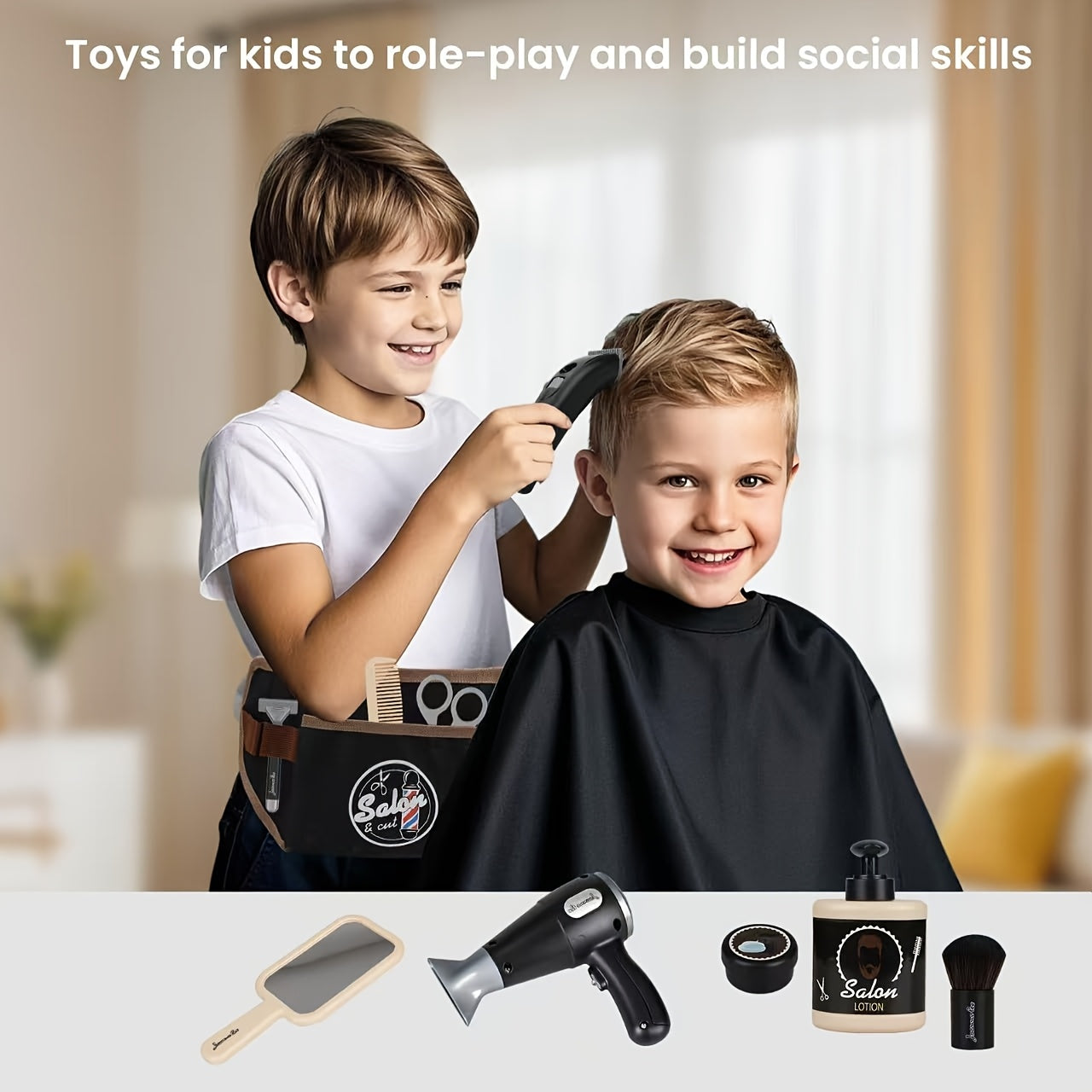 Kids Barber Shop Pretend Play Set with 10 Styling Tools & Portable Waist Bag
