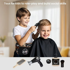 Kids Barber Shop Pretend Play Set with 10 Styling Tools & Portable Waist Bag
