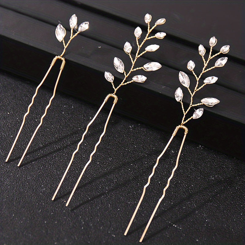 3pcs Rhinestone Flower Hair Pin Wedding Hair Accessories U Shaped Hairpin