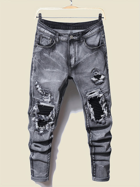 Men's Slim Fit Ripped Cotton Jeans Distressed Denim Pants