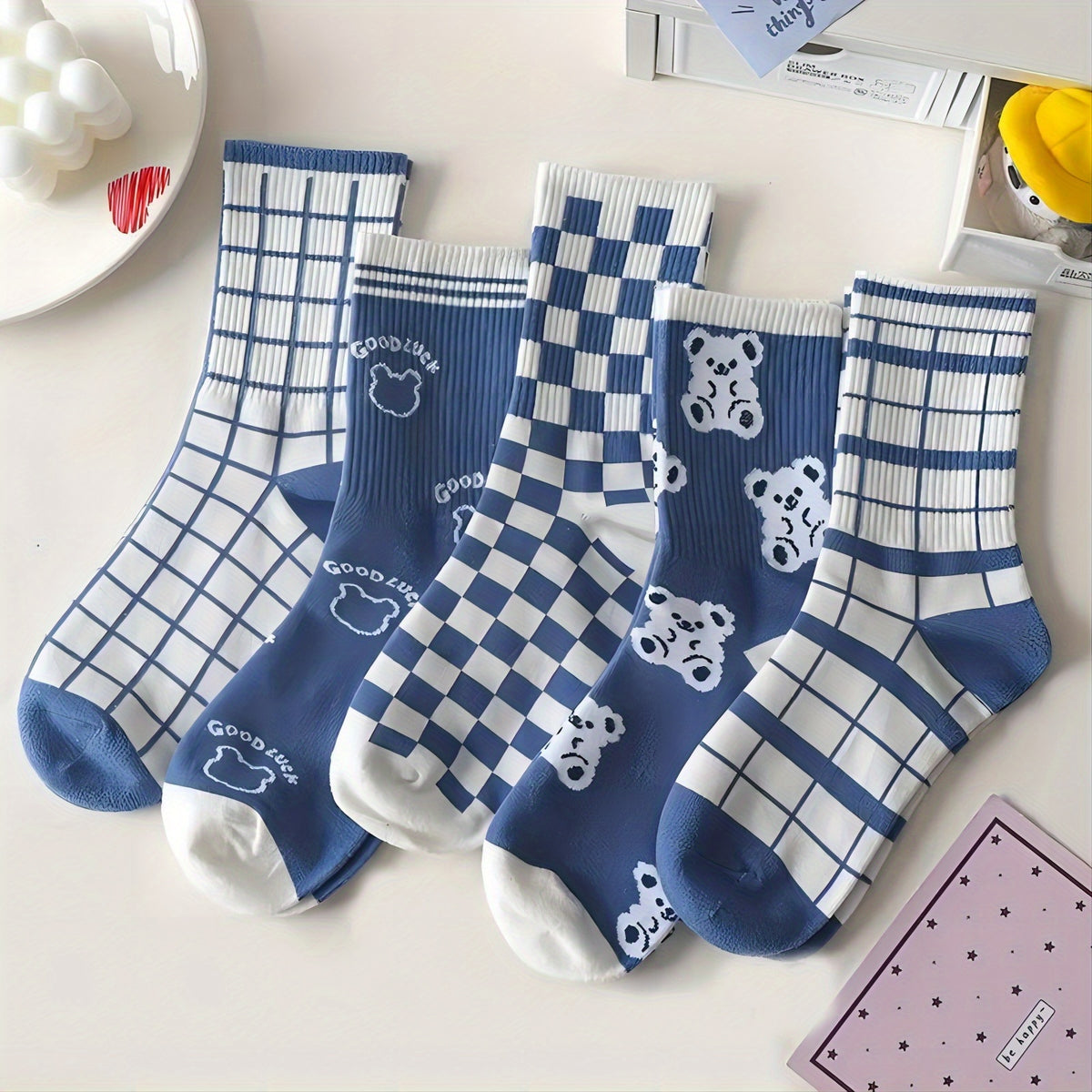 5 Pairs Bear & Plaid Print Socks Mid Tube Women's Stockings