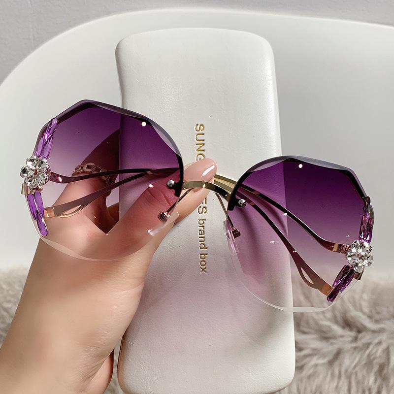 Oversized Rimless Rhinestones Sunglasses Gradient Vintage Ladies