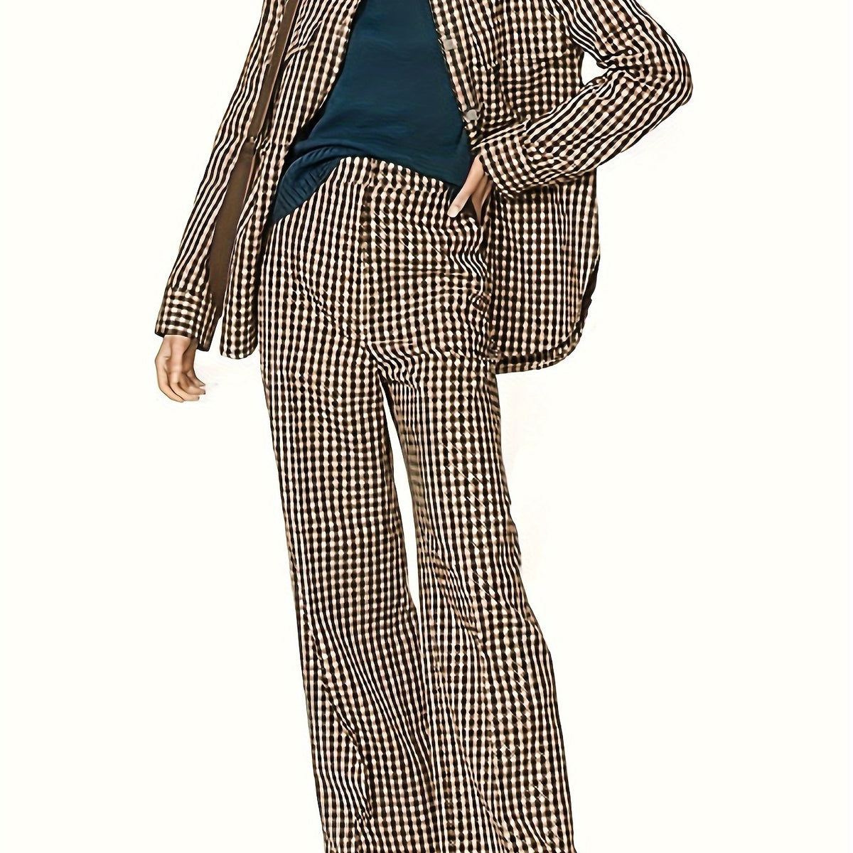  Houndstooth Print Shacket & Pants 2 Piece Set