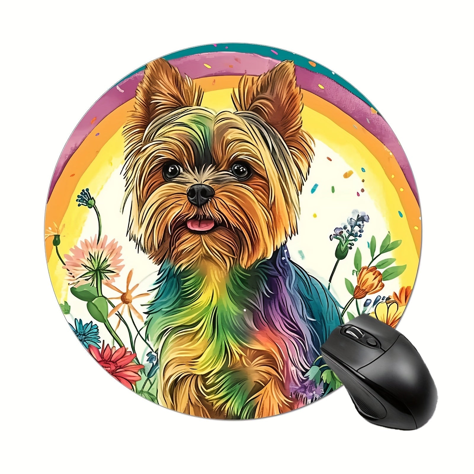 Flower Dog Round Mouse Pad Non-Slip Rubber Base
