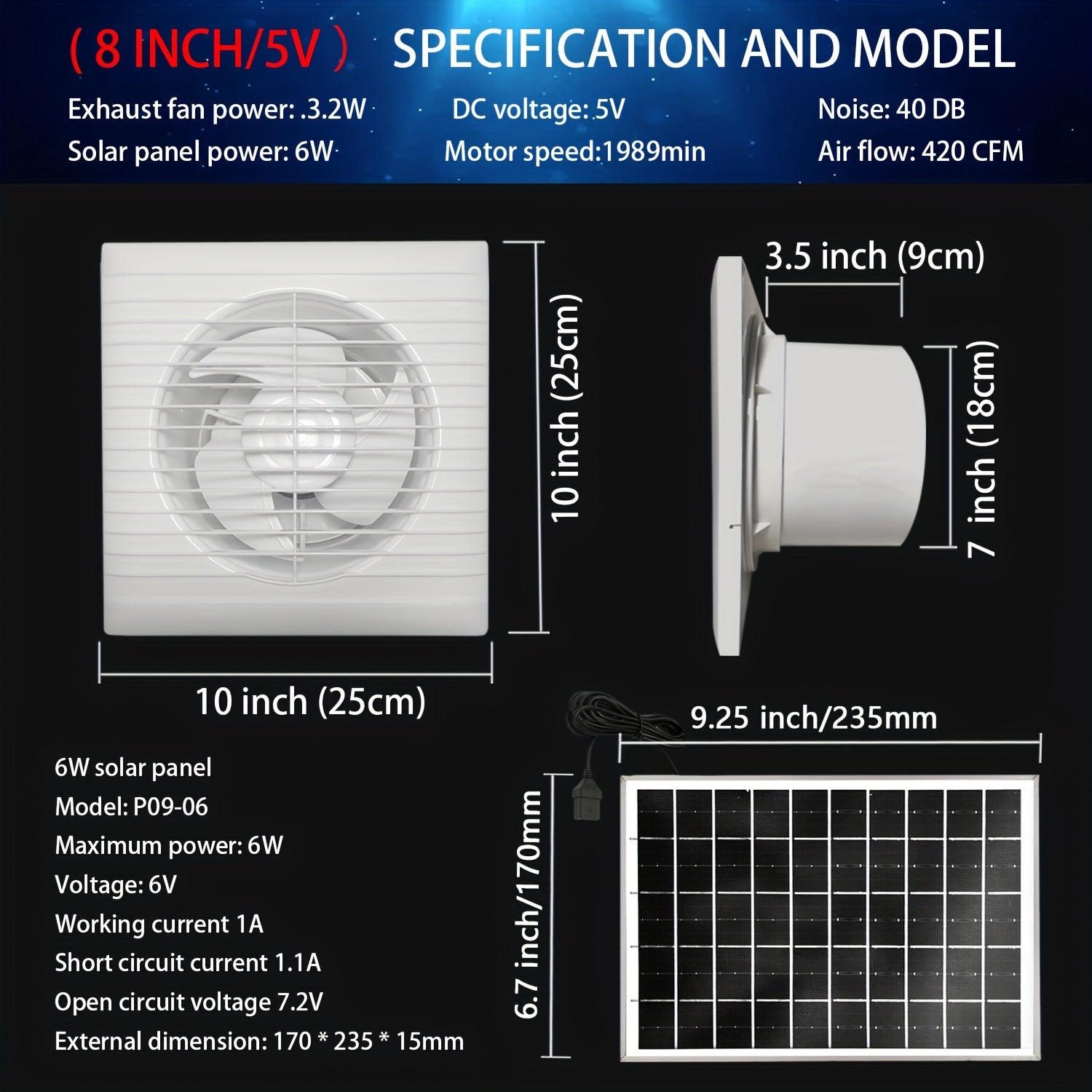 12V Solar Powered Exhaust Fan Square/Round Vent for Kitchen Bathroom Greenhouse