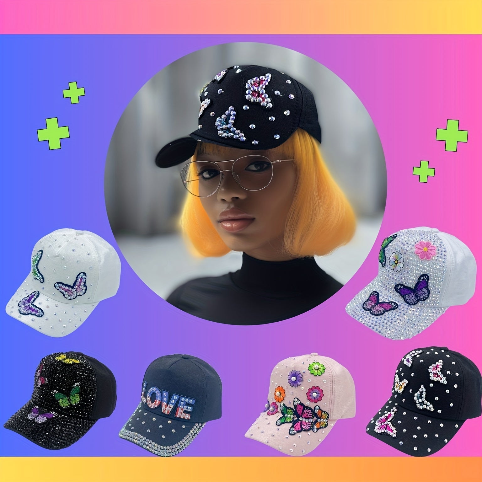 Y2K Butterfly Rhinestone Baseball Cap Ripped Cotton Dad Hats