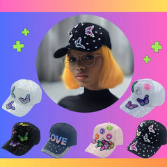 Y2K Butterfly Rhinestone Baseball Cap Ripped Cotton Dad Hats