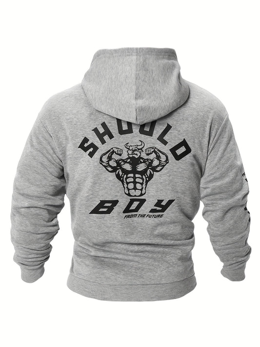 Muscle Bull Print Hoodie Men Graphic Hooded Pullover Kangaroo Pocket