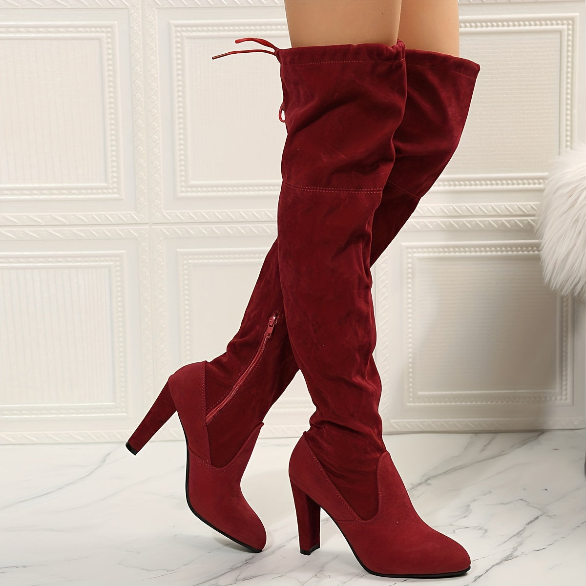 Women's Block Heel Over-The-Knee Boots Lace-Up Pointed Toe Solid