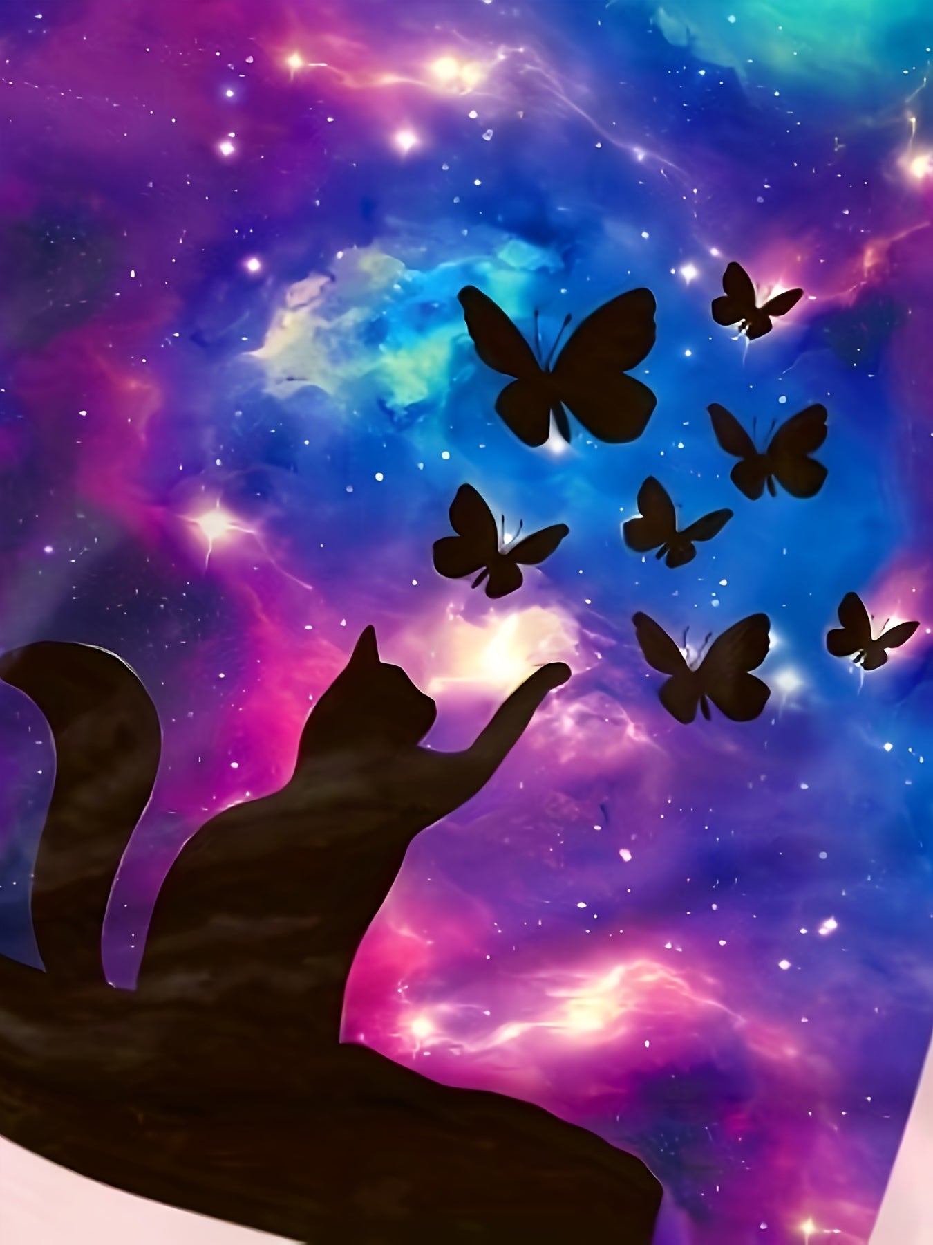 Girls Starry Sky & Kitty & Butterfly Print Short Sleeve T shirt