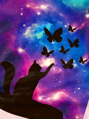 Girls Starry Sky & Kitty & Butterfly Print Short Sleeve T shirt