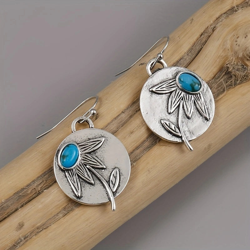 Vintage Disc Turquoise Drop Earrings 925 Silver Plated Ethnic Style Ear Jewelry