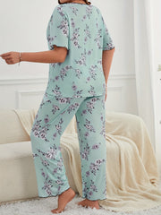  Pajamas Set Floral Print Contrast Trim Round Neck Tee & Pants