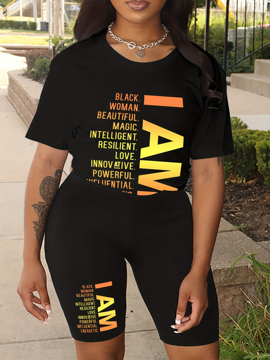  2pcs Set Women's Slogan Tee & Biker Shorts Outfits
