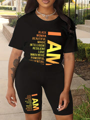  2pcs Set Women's Slogan Tee & Biker Shorts Outfits