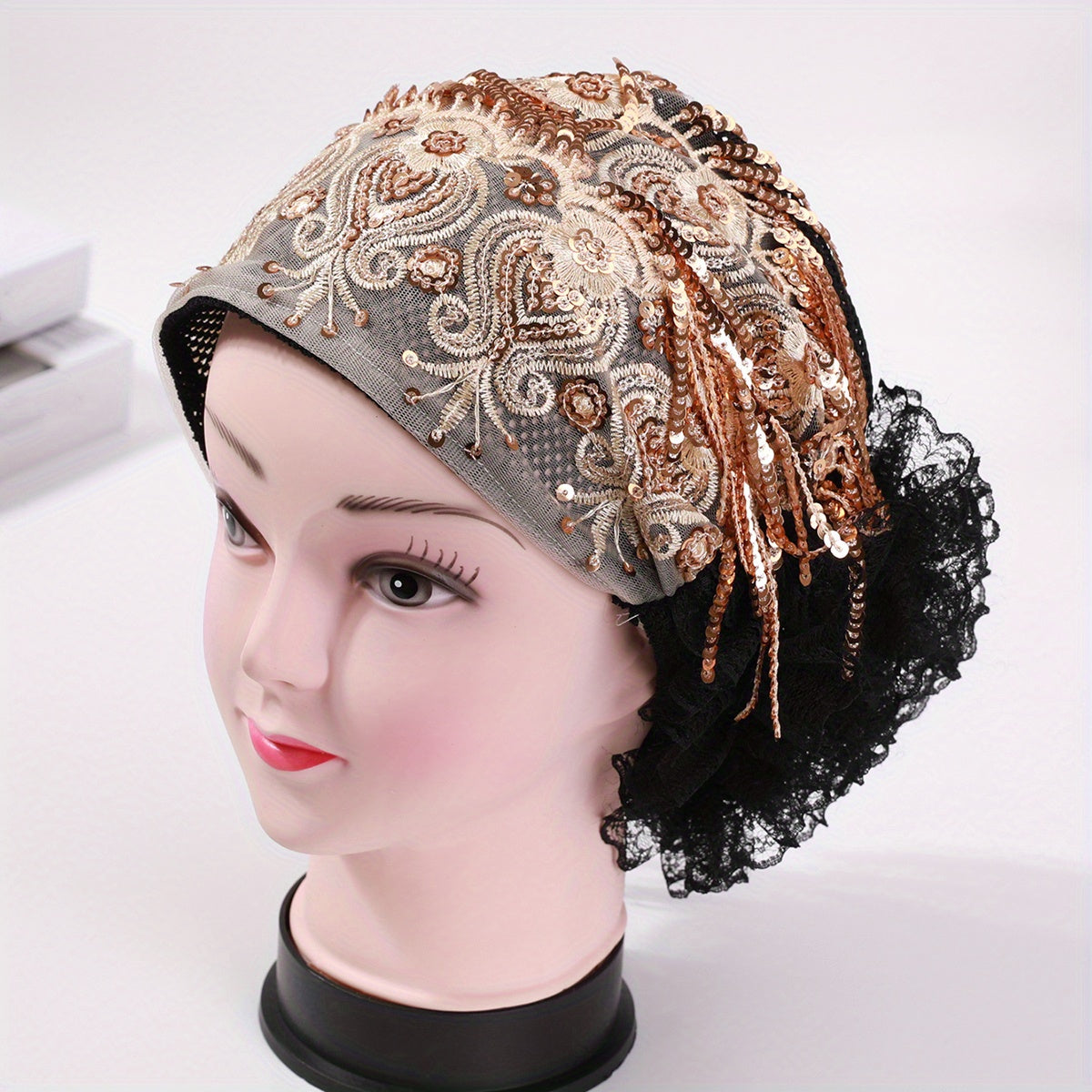 Sequin Tassel Embroidery Beanie Lace Flower Turban Cap Head Wrap