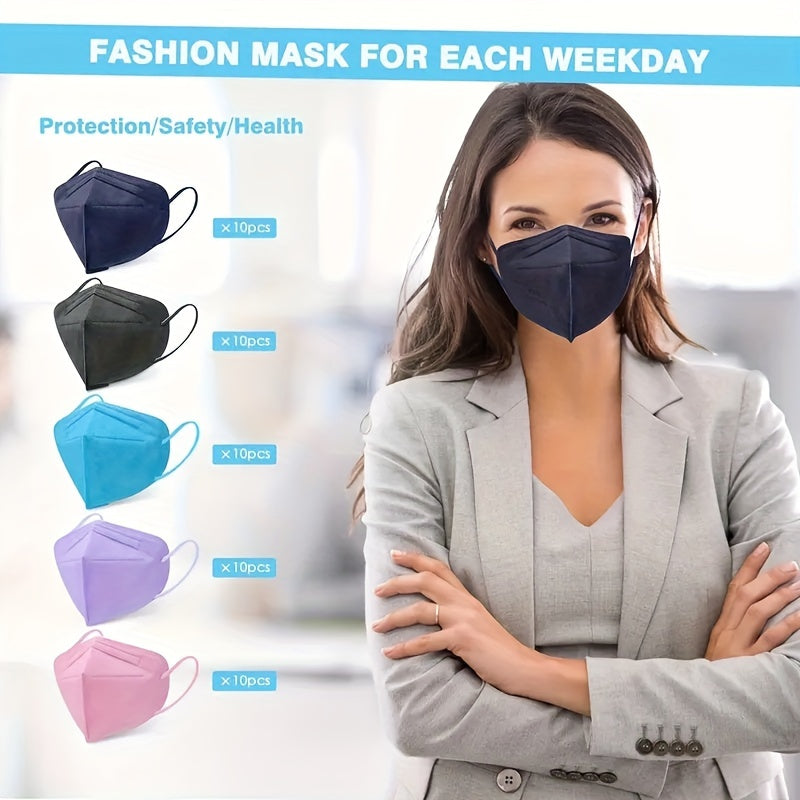50pcs Multicolor 5-Layer KN95 Masks, 95% Efficiency, PM2.5 Protection