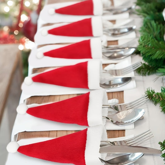 10pcs Mini Santa Hat Cup and Fork Cover Christmas Wine Bottle Covers