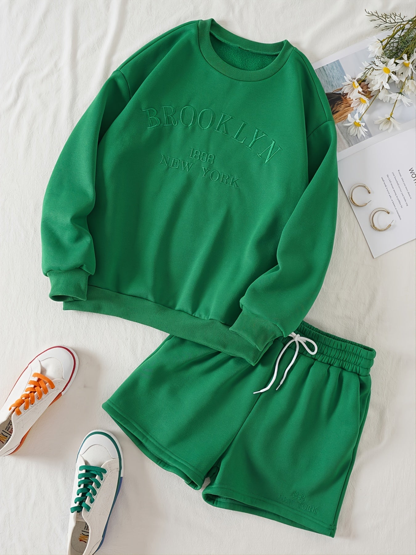 Casual Letter Print Sweatshirt & High Waist Shorts Set