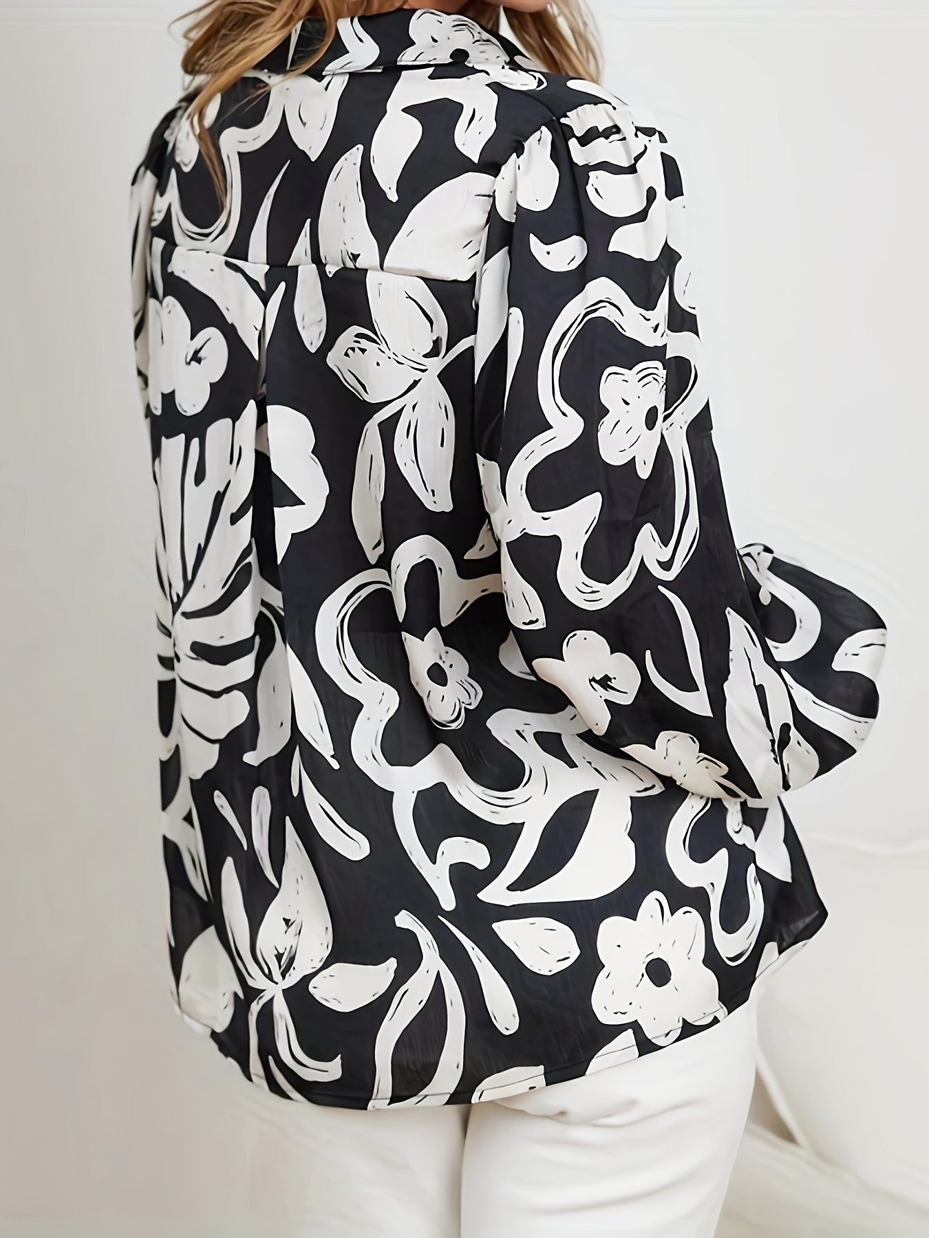  Floral Print Lantern Sleeve Blouse, Button Up Lapel Collar Shirt