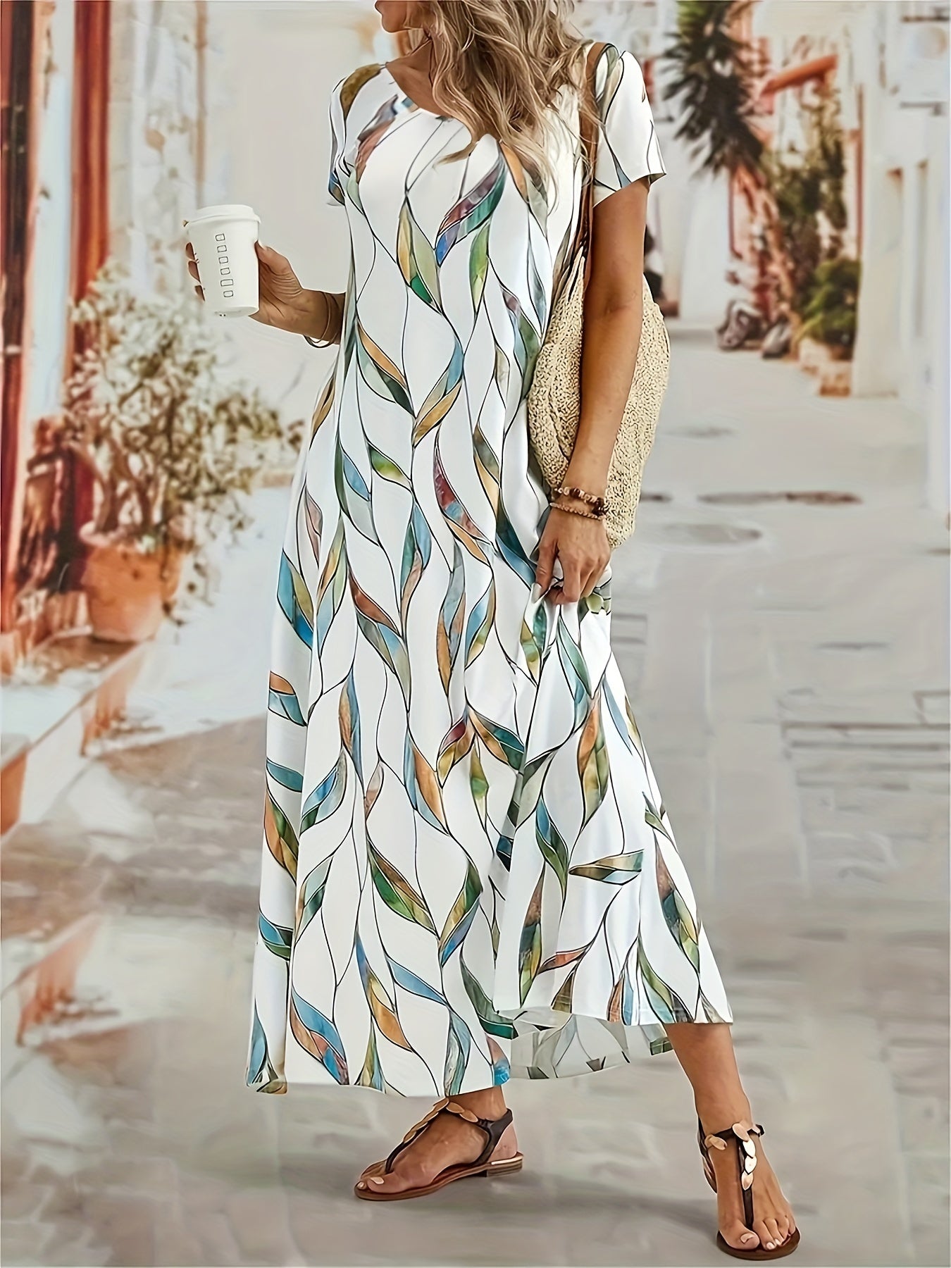  Leaf Print Maxi Dress Short Sleeve Square Neck Medium Stretch