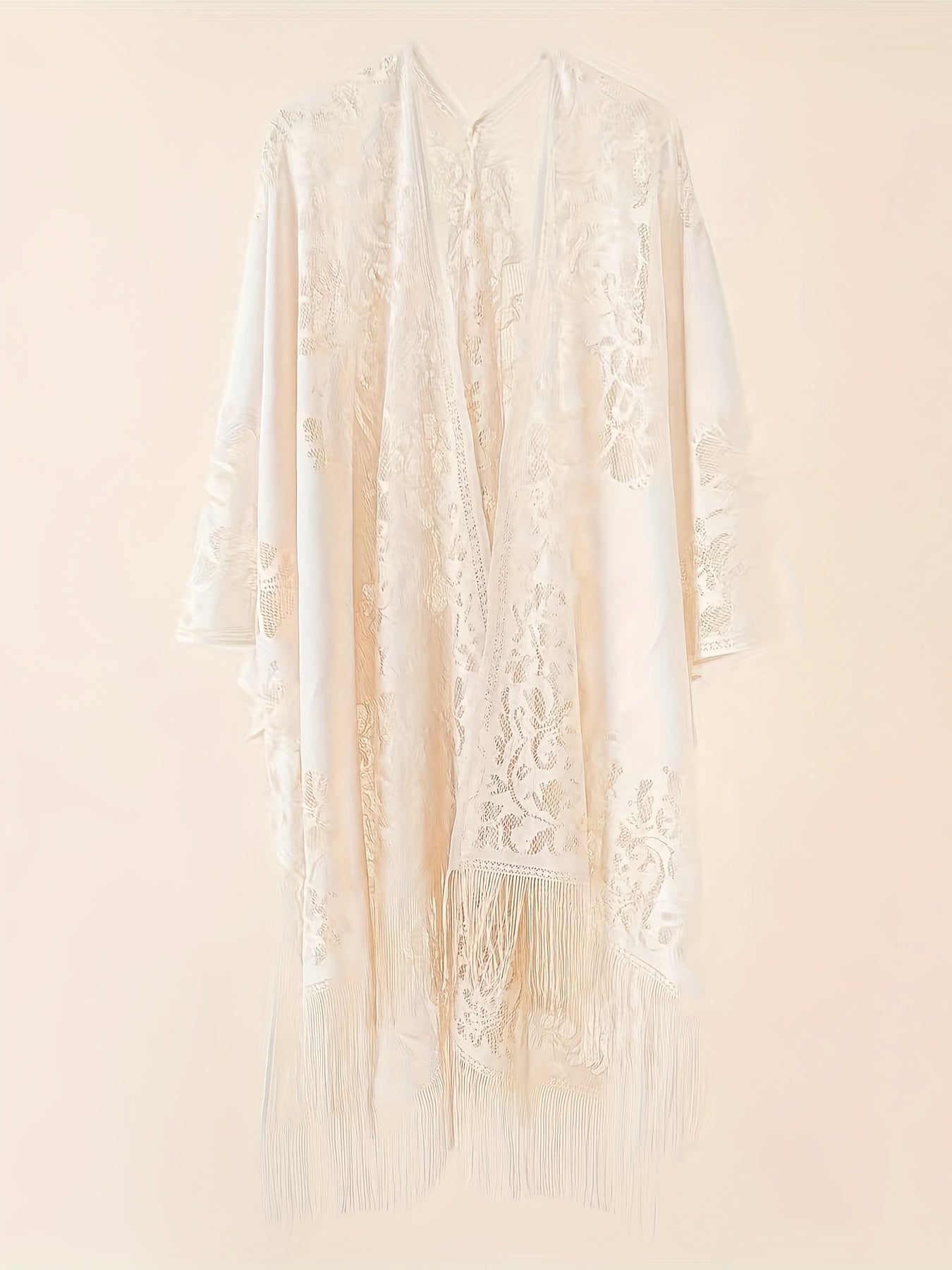  Lace Batwing Sleeve Beach Cover Up with Tassel Trim
