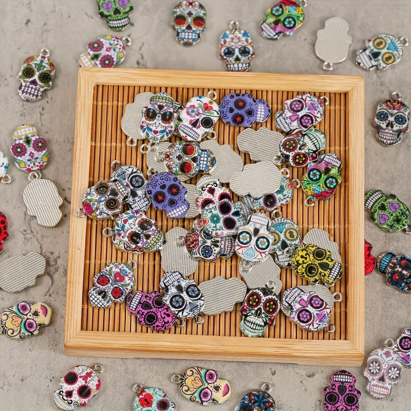 10pcs Mixed Colorful Skull Head Pendants - Halloween DIY Accessory