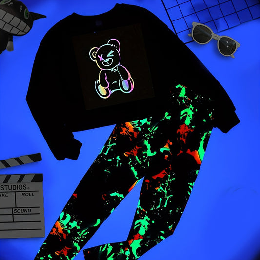 Graffiti Bear Print Boys Sweatshirt & Sweatpants Set