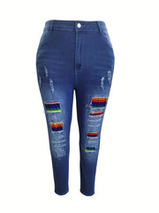  Colorblock Button Fly Ripped Fringe Trim Jeans