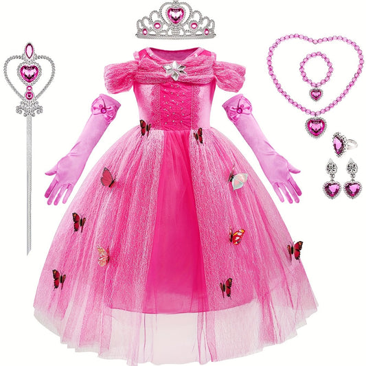 9pcs Girls Princess Dress Costume Set with Gloves, Crown & Wand