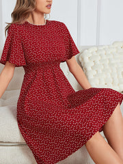 Heart Print Shirred Waist Dress Crew Neck Short Sleeve Dress