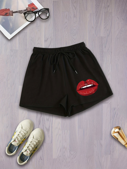  Lip Print Drawstring Sports Shorts Loose Fit