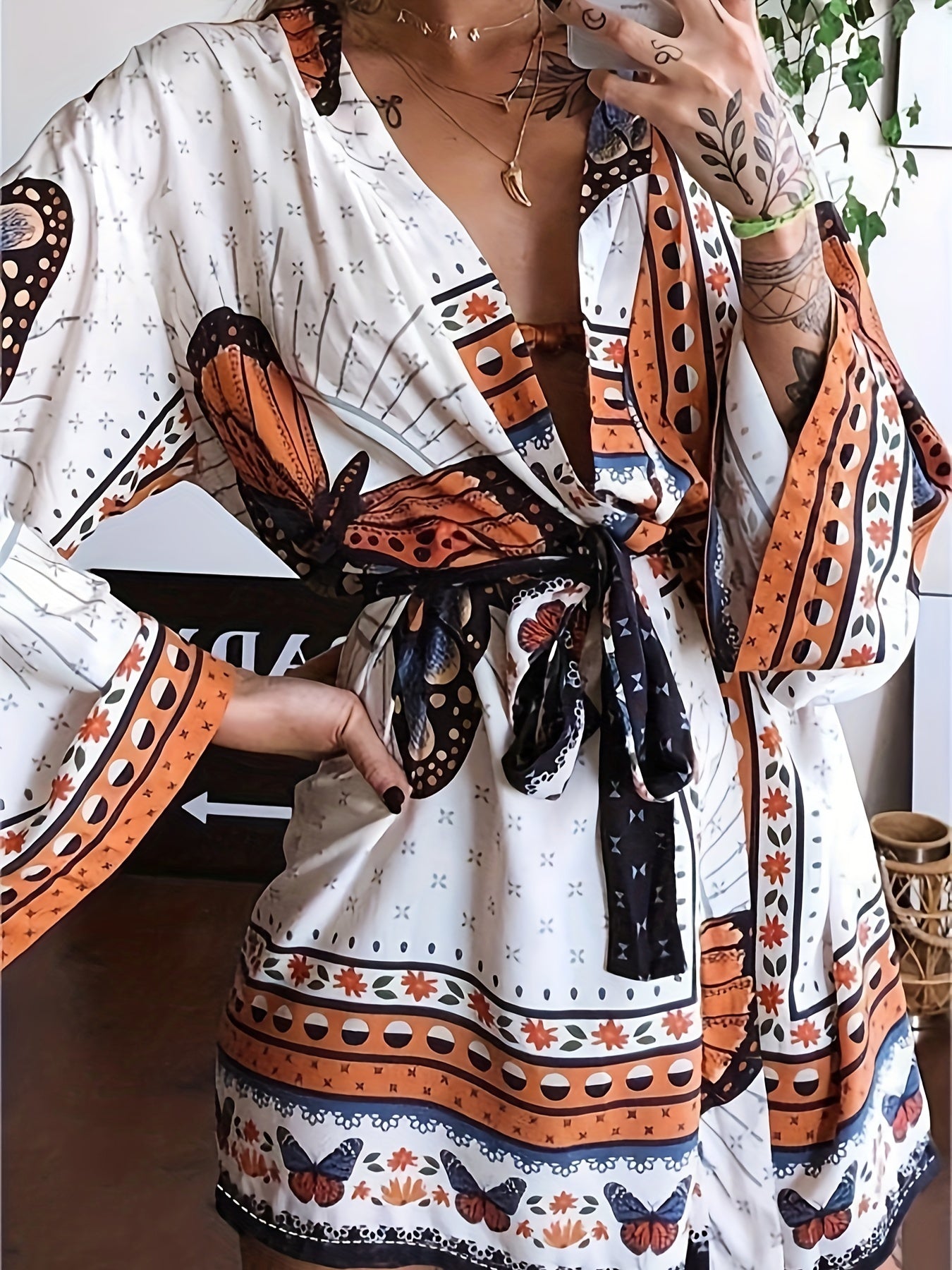  Butterfly Print V Neck Mini Dress