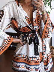  Butterfly Print V Neck Mini Dress