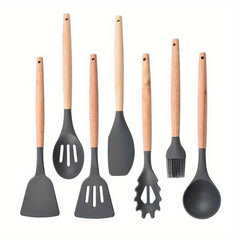 7pcs Silicone Kitchen Utensils with Wooden Handles Set