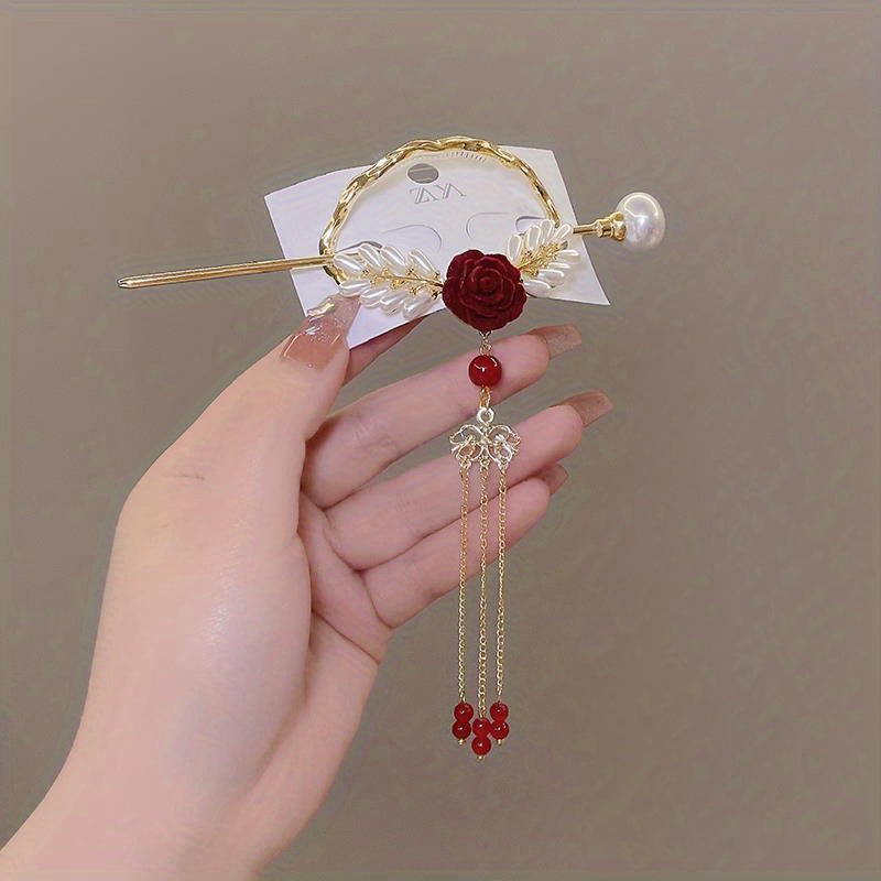 Rhinestone Bow Hairpin w/ Faux Pearl Tassel Glitter Hair Cuff Clip for Ponytail