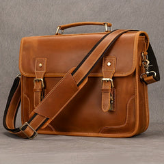 Men's Cowhide Leather Briefcase Flap Laptop Bag Crazy Horse Leather Shoulder Bus