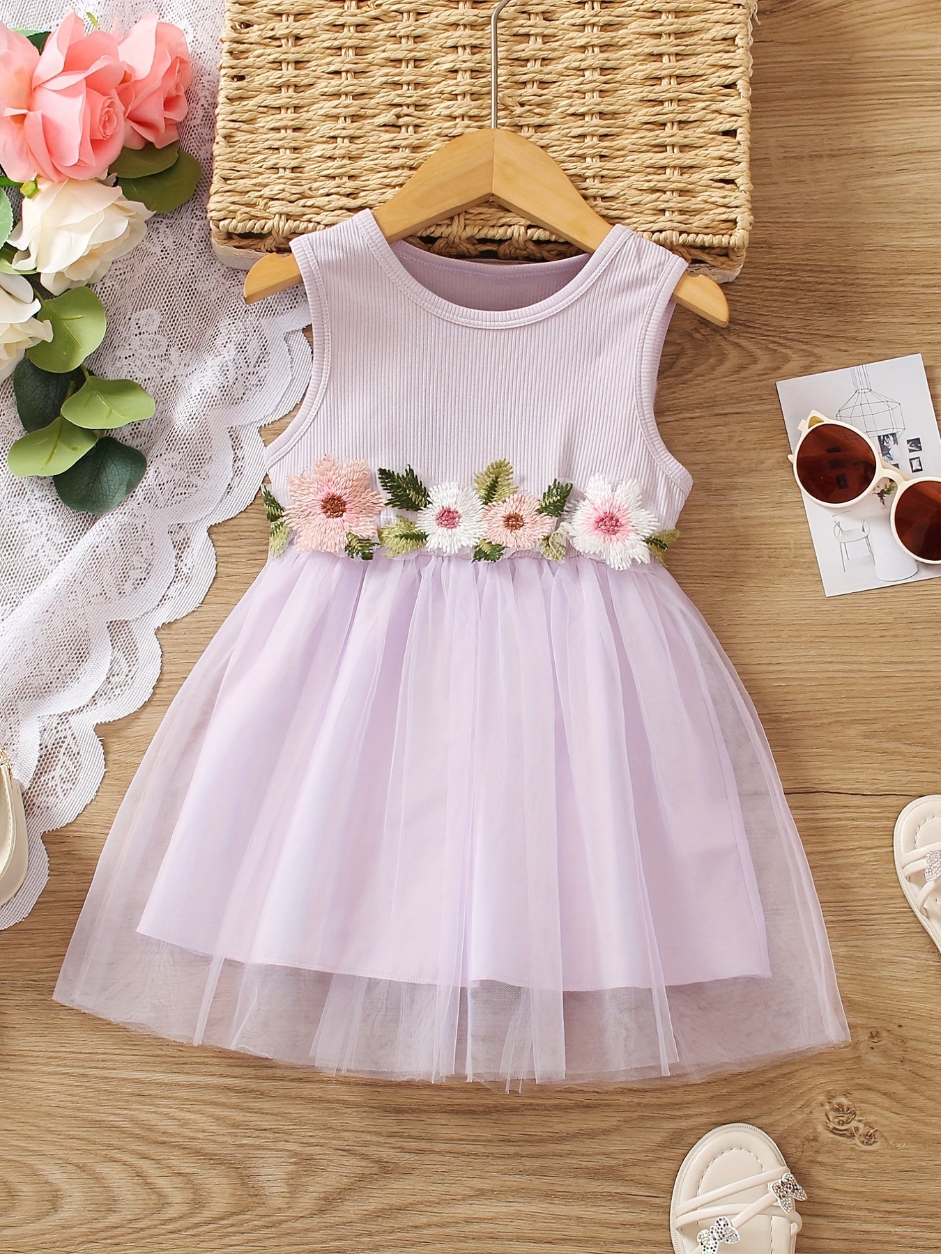 Girls Flower Decor Sleeveless Mesh Princess Dress Summer Kids Clothes