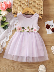 Girls Flower Decor Sleeveless Mesh Princess Dress Summer Kids Clothes