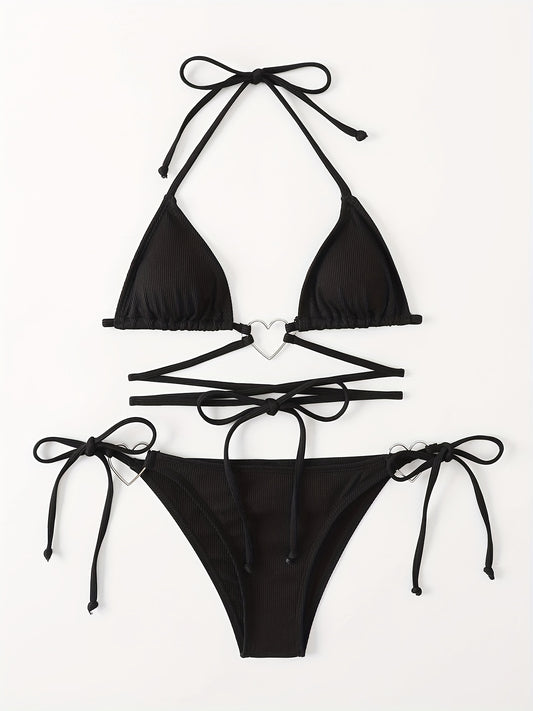 Heart Linked Halter Neck Rib Knit Bikini Set