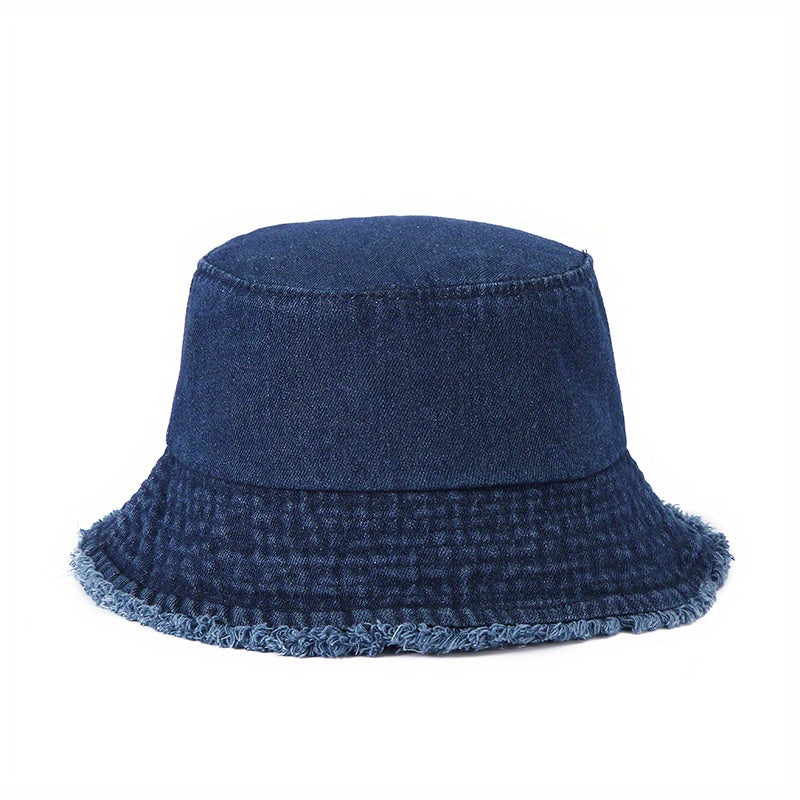 Unisex Denim Bucket Hat Frayed Brim Foldable Casual Fisherman Cap
