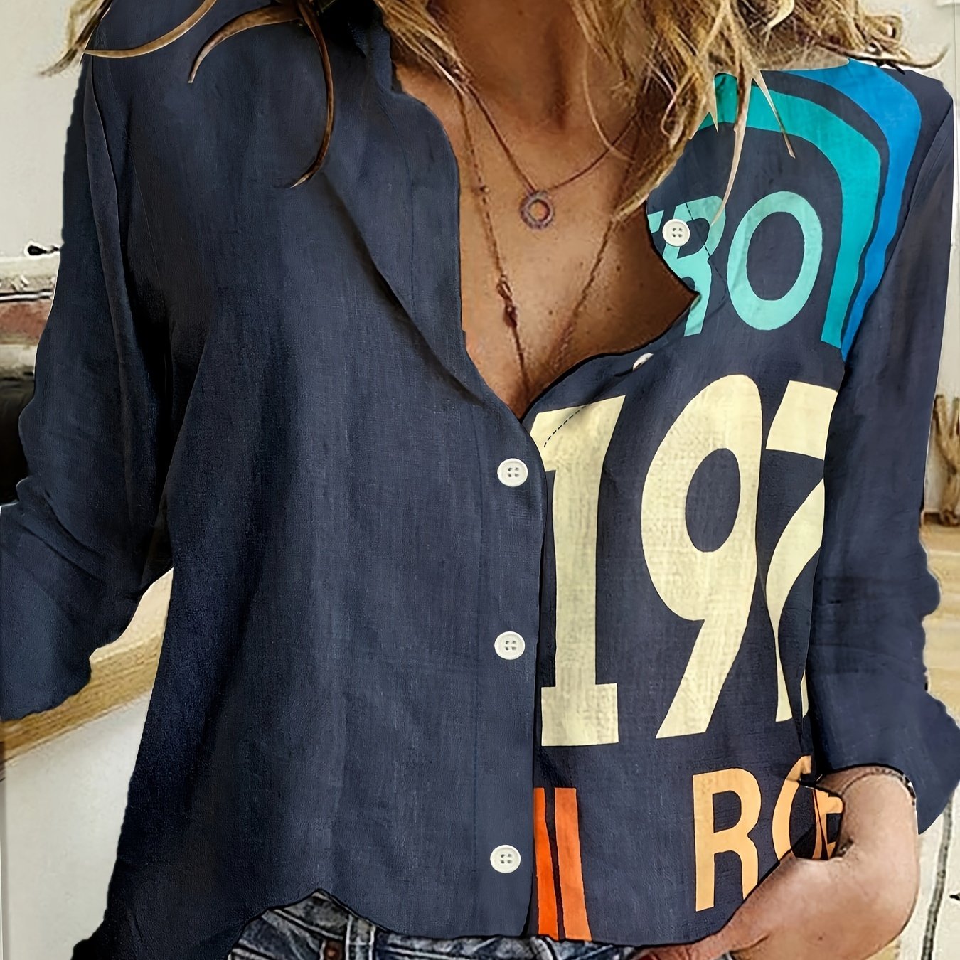  Colorful Letter & Number Print Long Sleeve Blouse